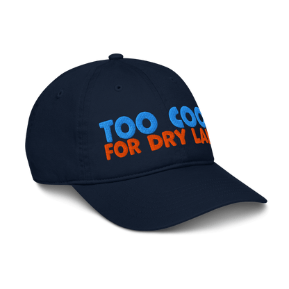 Side view of black organic baseball cap angled right, highlighting soft, curved brim and minimalist stitching. Made from sustainable, biodegradable cotton.
