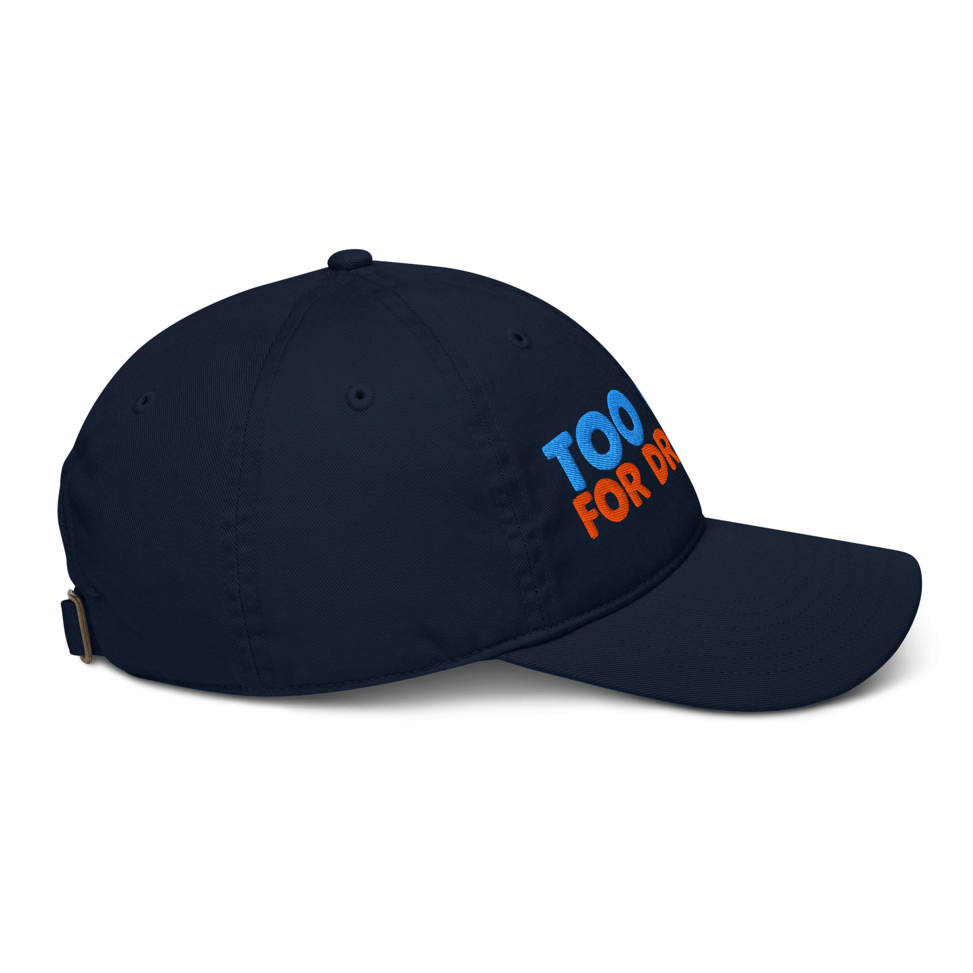 Navy blue cap with colorful text on a white background