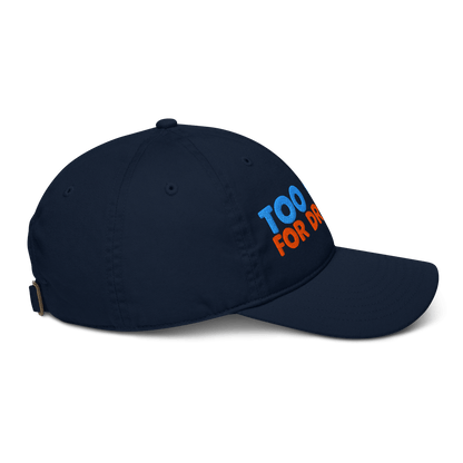 Navy blue cap with colorful text on a white background
