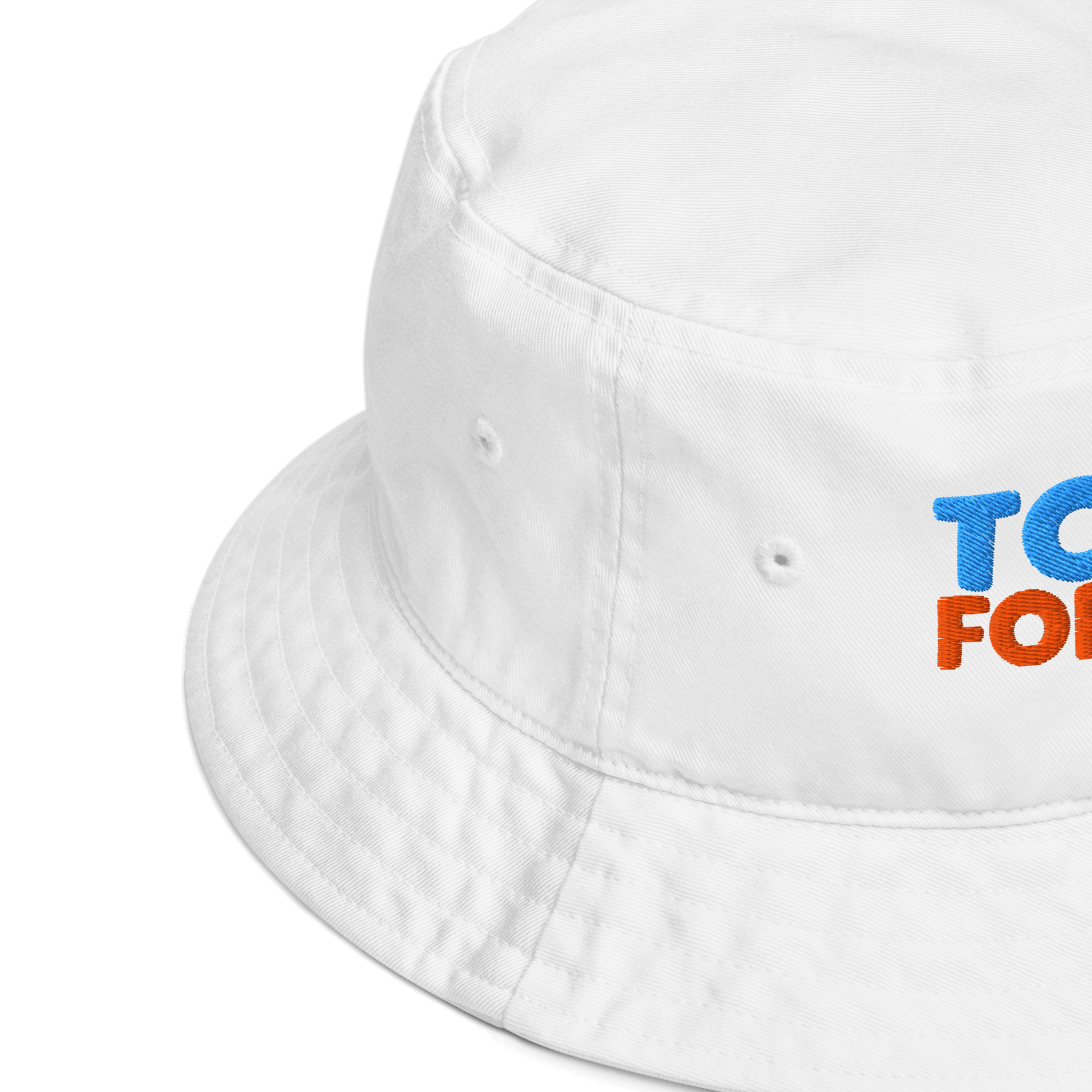 White bucket hat with colorful text on a white background