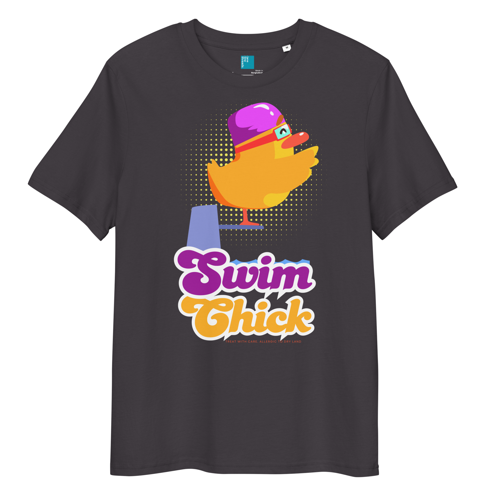 Charcoal organic funny swim shirt featuring a bright yellow cartoon duck wearing a purple swim cap and goggles, standing on a starting block with the bold retro-style text “Swim Chick.” Made from eco-friendly organic cotton, this breathable and sustainable t-shirt is perfect for competitive swimmers, swim moms, and water-loving athletes who want humor and comfort in and out of the pool.