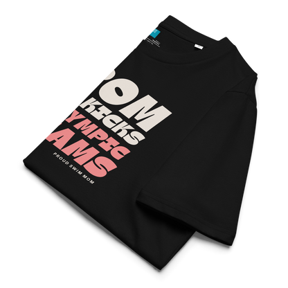Organic Swim Mom Shirt in black, featuring 'From Tiny Kicks to Olympic Dreams' design.