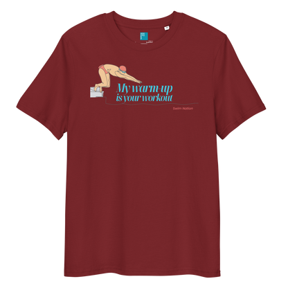 Organic funny swim shirt in maroon with diving graphic and text 'My warm up is your workout' for swimmers.