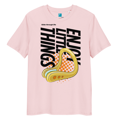 Peach organic funny swim shirt with nose clip graphic, featuring 'Enjoy the Little Things' slogan.