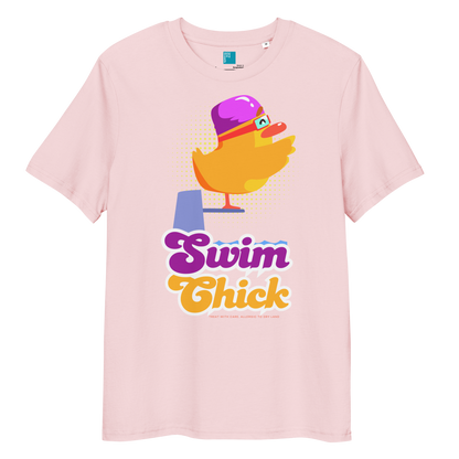 Light pink organic funny swim shirt featuring a bright yellow cartoon duck wearing a purple swim cap and goggles, standing on a starting block with the bold retro-style text “Swim Chick.” Made from eco-friendly organic cotton, this breathable and sustainable t-shirt is perfect for competitive swimmers, swim moms, and water-loving athletes who want humor and comfort in and out of the pool.