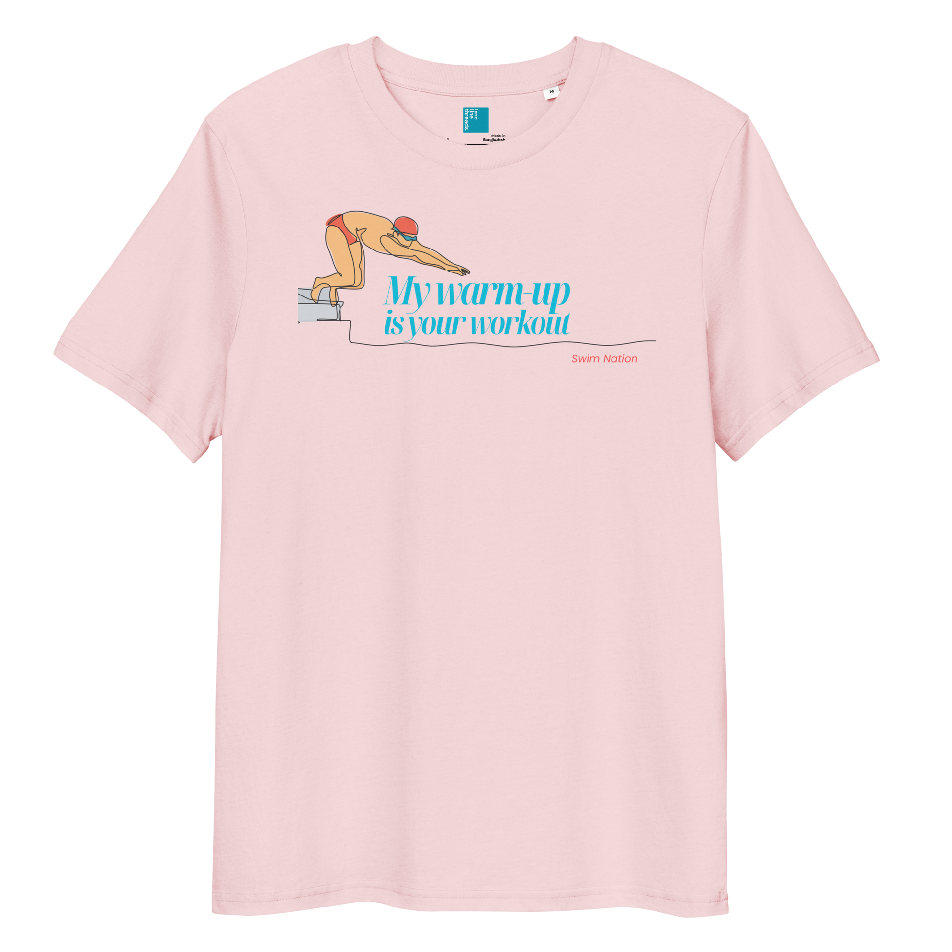 Organic funny swim shirt in pink with text 'My Warm-Up Is Your Workout' and swimmer graphic.