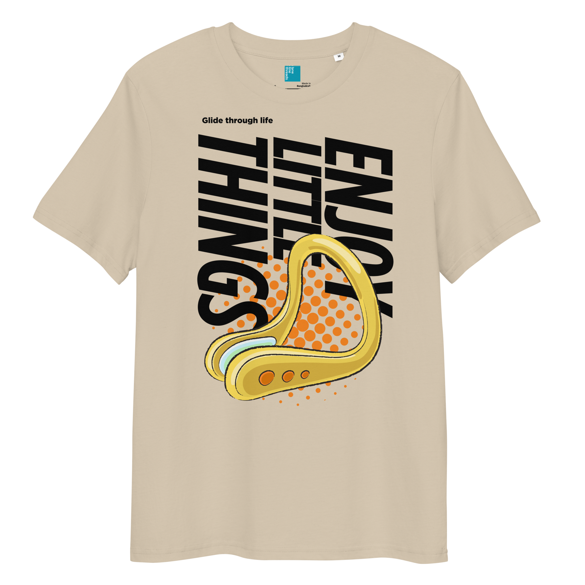 Beige organic funny swim shirt with nose clip graphic, featuring 'Enjoy the Little Things' slogan.