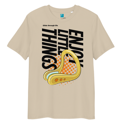 Beige organic funny swim shirt with nose clip graphic, featuring 'Enjoy the Little Things' slogan.