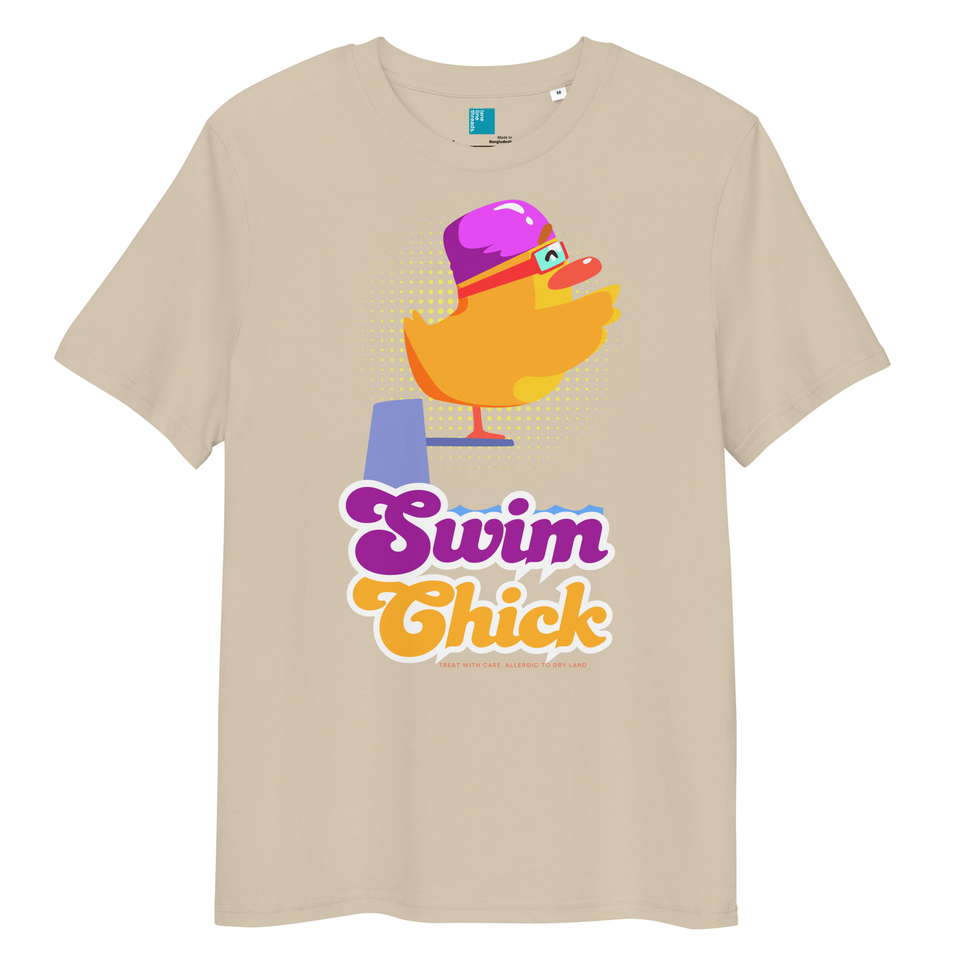 Beige organic funny swim shirt featuring a bright yellow cartoon duck wearing a purple swim cap and goggles, standing on a starting block with the bold retro-style text “Swim Chick.” Made from eco-friendly organic cotton, this breathable and sustainable t-shirt is perfect for competitive swimmers, swim moms, and water-loving athletes who want humor and comfort in and out of the pool.