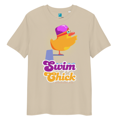 Beige organic funny swim shirt featuring a bright yellow cartoon duck wearing a purple swim cap and goggles, standing on a starting block with the bold retro-style text “Swim Chick.” Made from eco-friendly organic cotton, this breathable and sustainable t-shirt is perfect for competitive swimmers, swim moms, and water-loving athletes who want humor and comfort in and out of the pool.