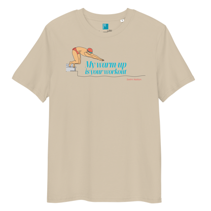 Beige organic cotton swim shirt featuring humorous text 'My warm-up is your workout' with an illustration of a swimmer.