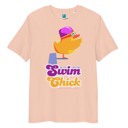 Peach organic funny swim shirt featuring a bright yellow cartoon duck wearing a purple swim cap and goggles, standing on a starting block with the bold retro-style text “Swim Chick.” Made from eco-friendly organic cotton, this breathable and sustainable t-shirt is perfect for competitive swimmers, swim moms, and water-loving athletes who want humor and comfort in and out of the pool.
