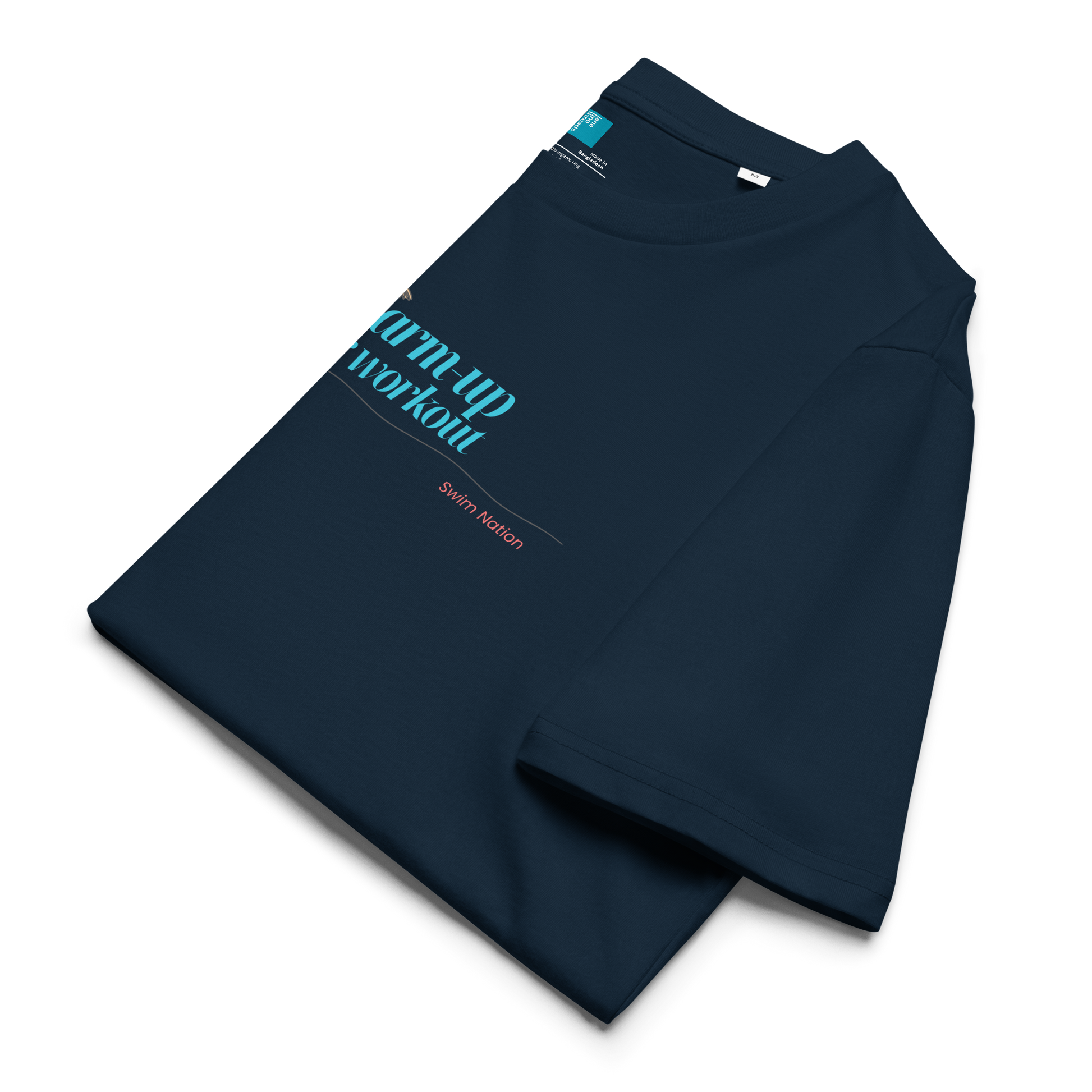 Organic funny swim shirt in navy with 'My Warm-Up Is Your Workout' text, made from 100% organic cotton.