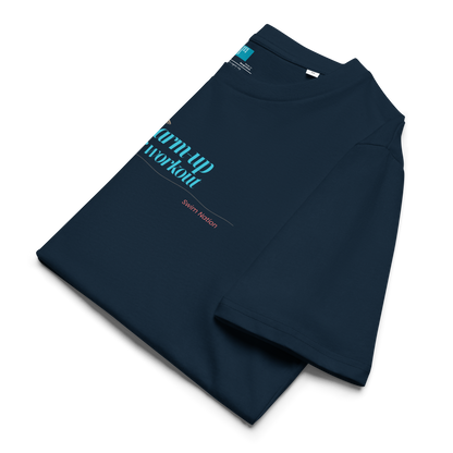 Organic funny swim shirt in navy with 'My Warm-Up Is Your Workout' text, made from 100% organic cotton.