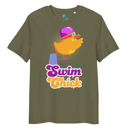 Khaki organic funny swim shirt featuring a bright yellow cartoon duck wearing a purple swim cap and goggles, standing on a starting block with the bold retro-style text “Swim Chick.” Made from eco-friendly organic cotton, this breathable and sustainable t-shirt is perfect for competitive swimmers, swim moms, and water-loving athletes who want humor and comfort in and out of the pool.
