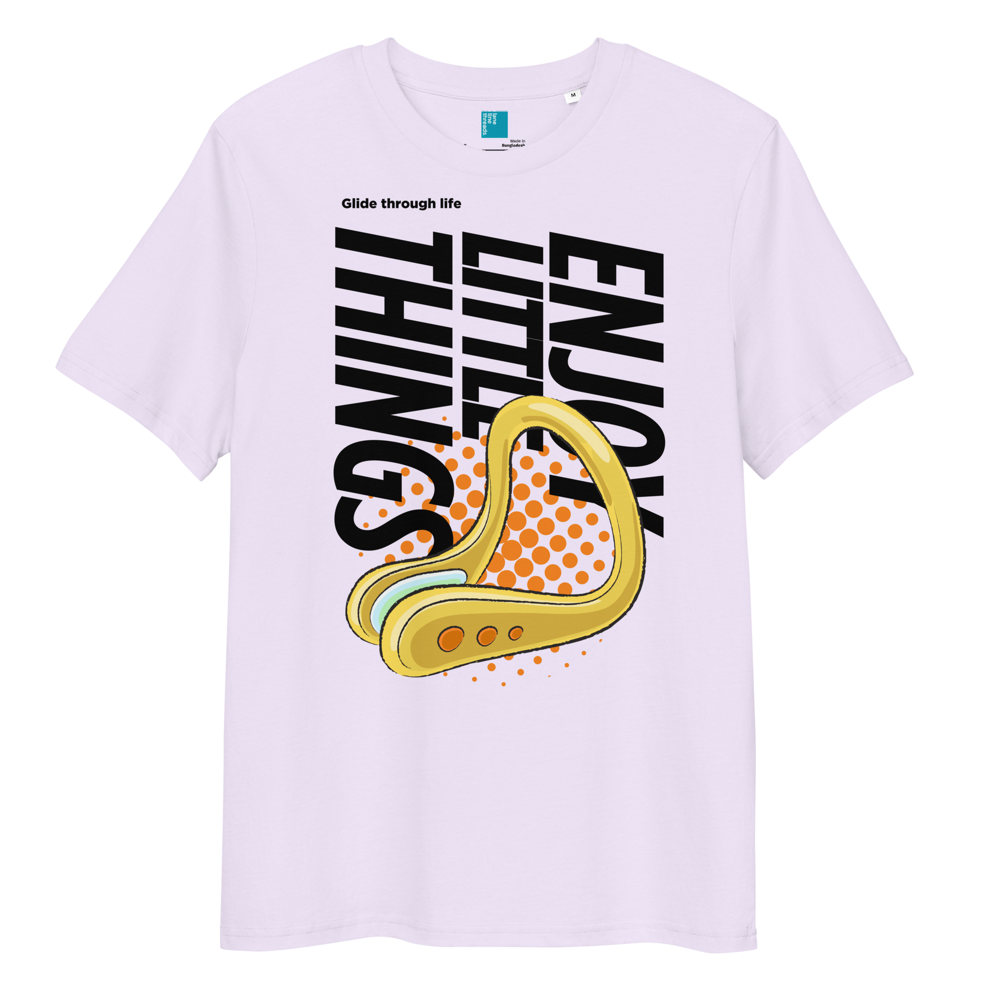 Lavender organic funny swim shirt with nose clip graphic, featuring 'Enjoy the Little Things' slogan.