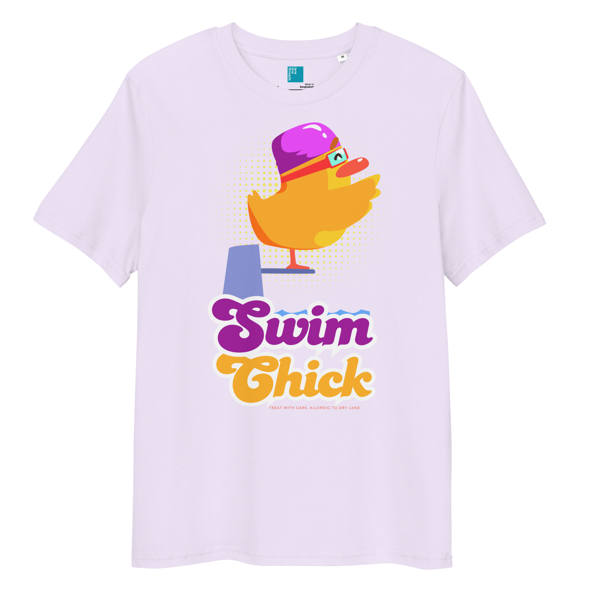 Lavender organic funny swim shirt featuring a bright yellow cartoon duck wearing a purple swim cap and goggles, standing on a starting block with the bold retro-style text “Swim Chick.” Made from eco-friendly organic cotton, this breathable and sustainable t-shirt is perfect for competitive swimmers, swim moms, and water-loving athletes who want humor and comfort in and out of the pool.
