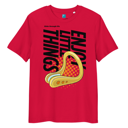 Red organic funny swim shirt with nose clip graphic, featuring 'Enjoy the Little Things' slogan.