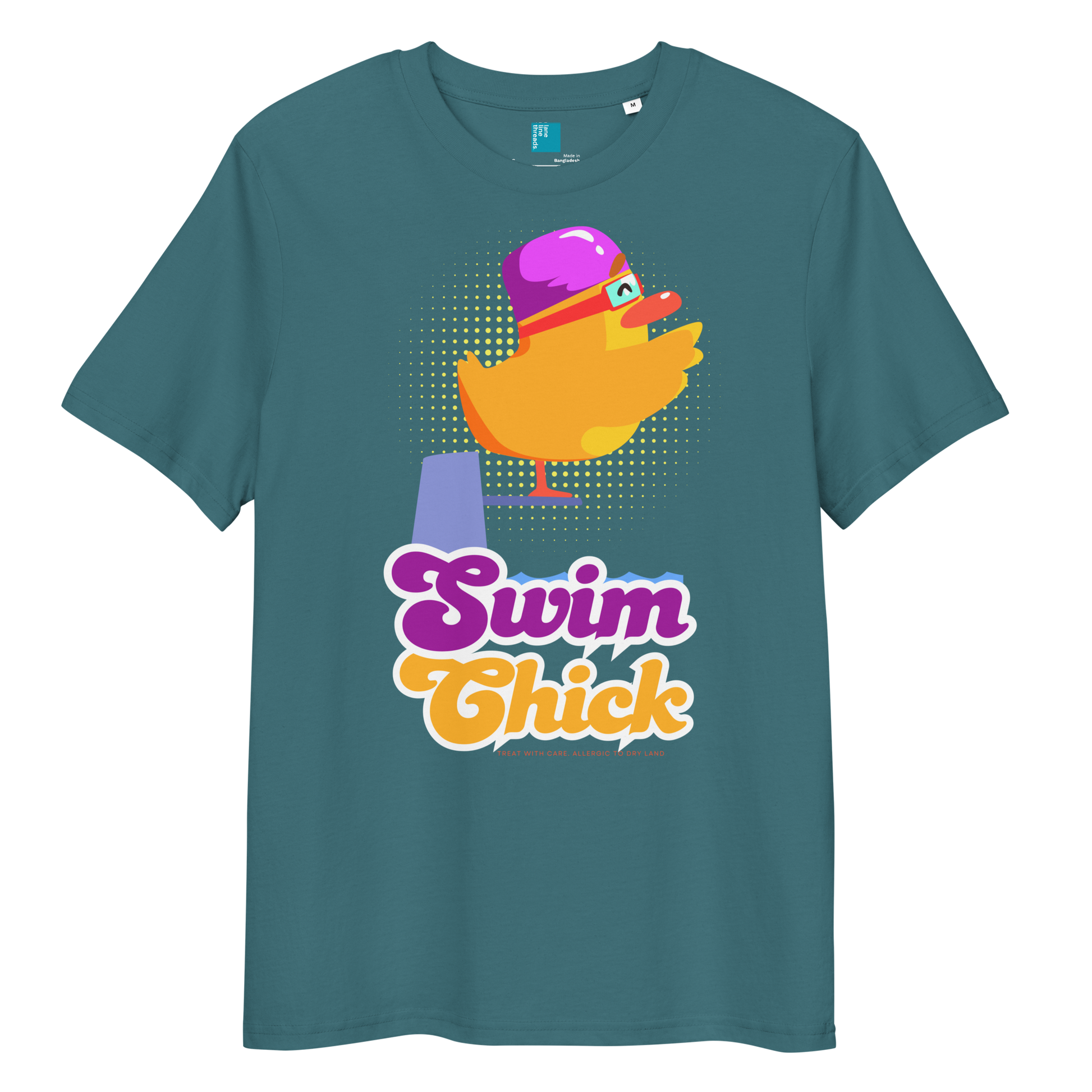 Green-blue organic funny swim shirt featuring a bright yellow cartoon duck wearing a purple swim cap and goggles, standing on a starting block with the bold retro-style text “Swim Chick.” Made from eco-friendly organic cotton, this breathable and sustainable t-shirt is perfect for competitive swimmers, swim moms, and water-loving athletes who want humor and comfort in and out of the pool.