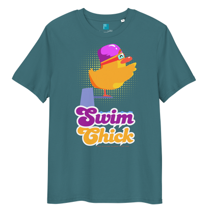 Green-blue organic funny swim shirt featuring a bright yellow cartoon duck wearing a purple swim cap and goggles, standing on a starting block with the bold retro-style text “Swim Chick.” Made from eco-friendly organic cotton, this breathable and sustainable t-shirt is perfect for competitive swimmers, swim moms, and water-loving athletes who want humor and comfort in and out of the pool.