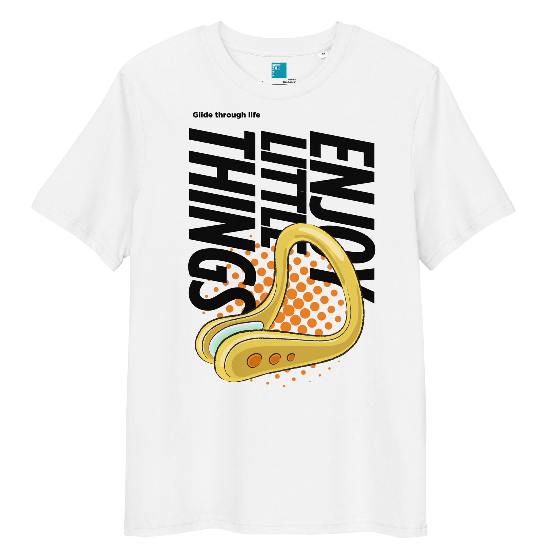 White organic funny swim shirt with nose clip graphic, featuring 'Enjoy the Little Things' slogan.