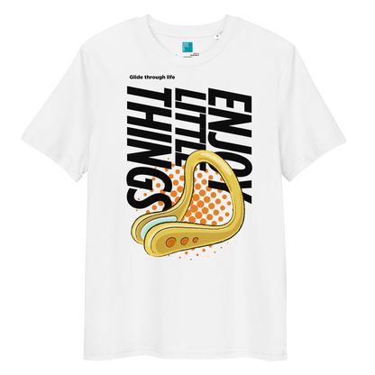White organic funny swim shirt with nose clip graphic, featuring 'Enjoy the Little Things' slogan.