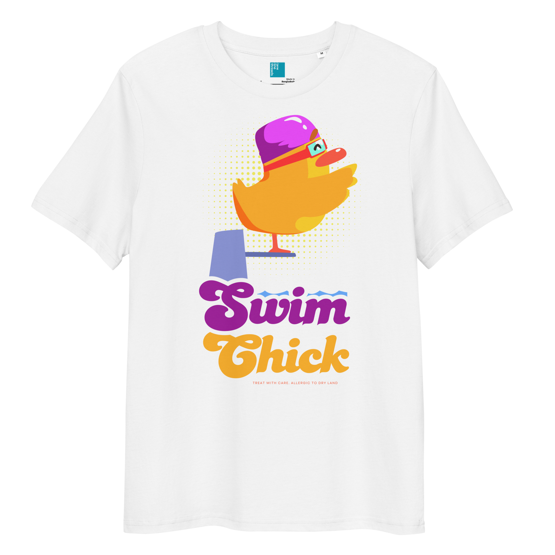 white organic funny swim shirt featuring a bright yellow cartoon duck wearing a purple swim cap and goggles, standing on a starting block with the bold retro-style text “Swim Chick.” Made from eco-friendly organic cotton, this breathable and sustainable t-shirt is perfect for competitive swimmers, swim moms, and water-loving athletes who want humor and comfort in and out of the pool.