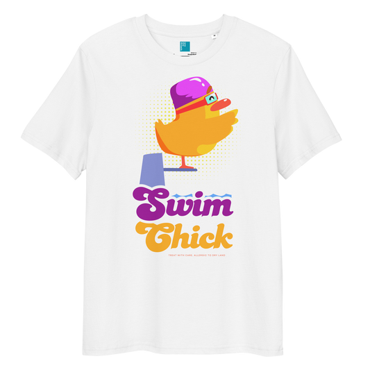 white organic funny swim shirt featuring a bright yellow cartoon duck wearing a purple swim cap and goggles, standing on a starting block with the bold retro-style text “Swim Chick.” Made from eco-friendly organic cotton, this breathable and sustainable t-shirt is perfect for competitive swimmers, swim moms, and water-loving athletes who want humor and comfort in and out of the pool.