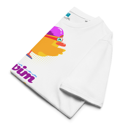 Folded white organic funny swim shirt featuring a bright yellow cartoon duck wearing a purple swim cap and goggles, standing on a starting block with the bold retro-style text “Swim Chick.” Made from eco-friendly organic cotton, this breathable and sustainable t-shirt is perfect for competitive swimmers, swim moms, and water-loving athletes who want humor and comfort in and out of the pool.