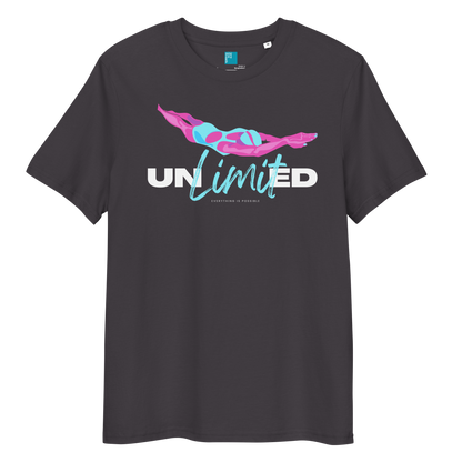 Anthracite eco-friendly t-shirt featuring a stylized swimmer graphic and the word “Unlimited” in bold and script fonts – ideal for sustainable-minded swimmers.