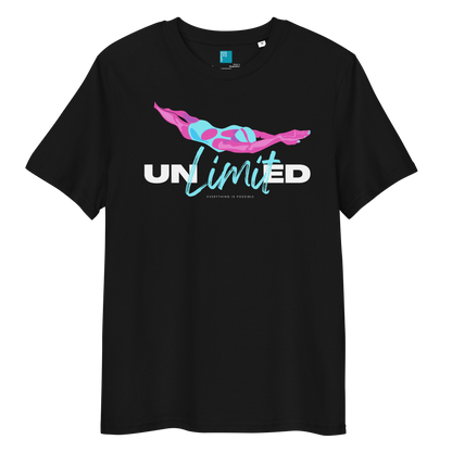 Black eco-friendly organic cotton shirt featuring a stylized swimmer girl graphic and the word “Unlimited” in bold and script fonts – ideal for sustainable-minded swimmers.