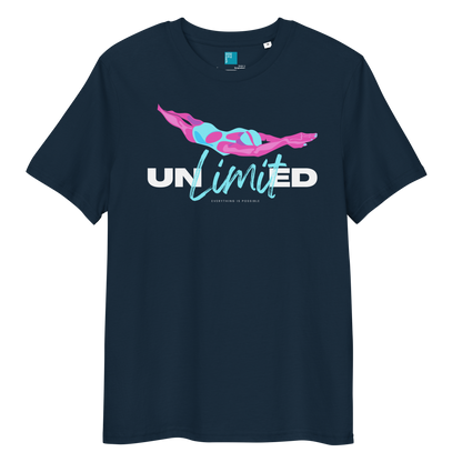 French navy eco-friendly organic cotton shirt featuring a stylized swimmer girl graphic and the word “Unlimited” in bold and script fonts – ideal for sustainable-minded swimmers.