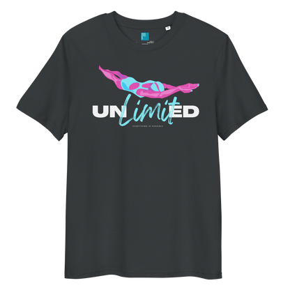 India ink grey eco-friendly t-shirt featuring a stylized swimmer graphic and the word “Unlimited” in bold and script fonts – ideal for sustainable-minded swimmers.
