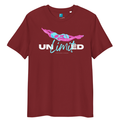 Maroon eco-friendly t-shirt featuring a stylized swimmer graphic and the word “Unlimited” in bold and script fonts – ideal for sustainable-minded swimmers.
