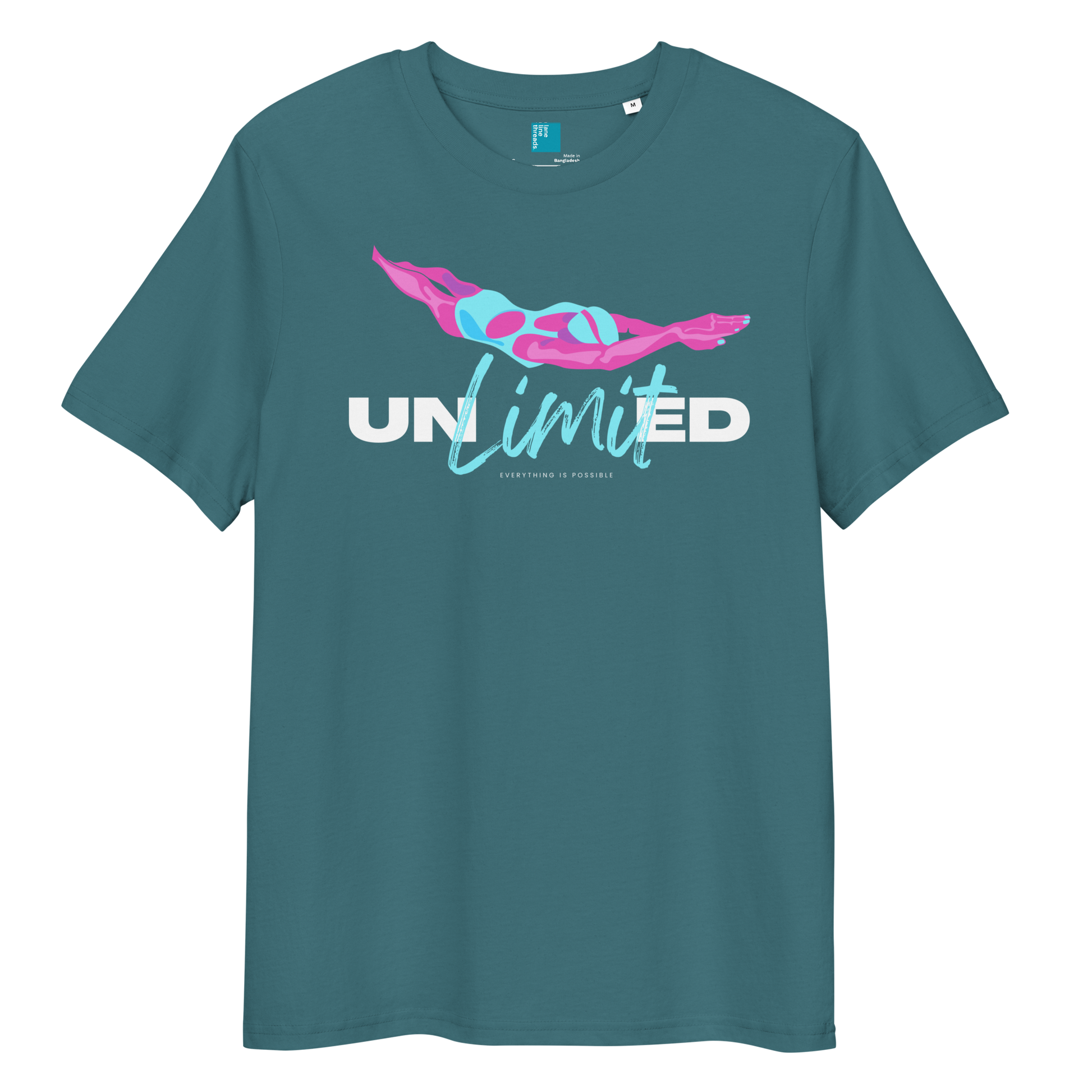 Stargazer eco-friendly t-shirt featuring a stylized swimmer graphic and the word “Unlimited” in bold and script fonts – ideal for sustainable-minded swimmers.