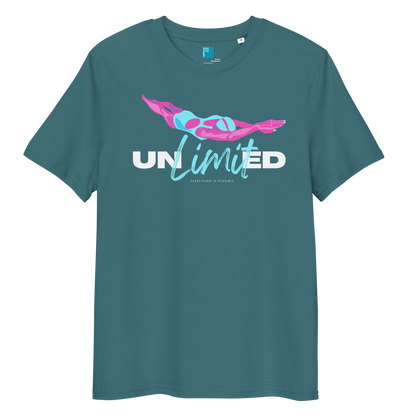 Stargazer eco-friendly t-shirt featuring a stylized swimmer graphic and the word “Unlimited” in bold and script fonts – ideal for sustainable-minded swimmers.