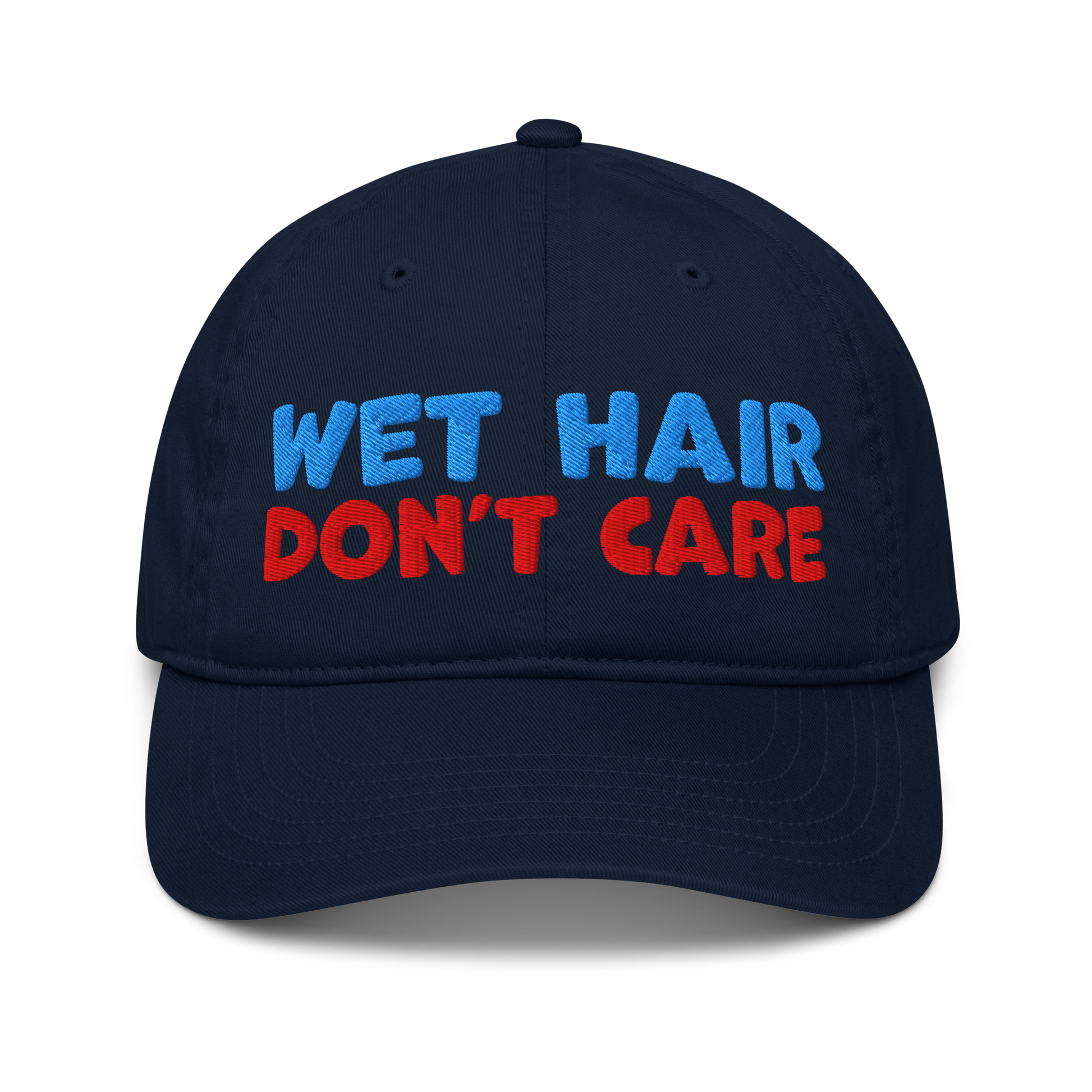 Navy organic baseball cap with curved brim, featuring minimalist embroidery "wet hair, don't care" and made from 100% organic cotton. Eco-friendly, breathable, and ideal for swimmers. 