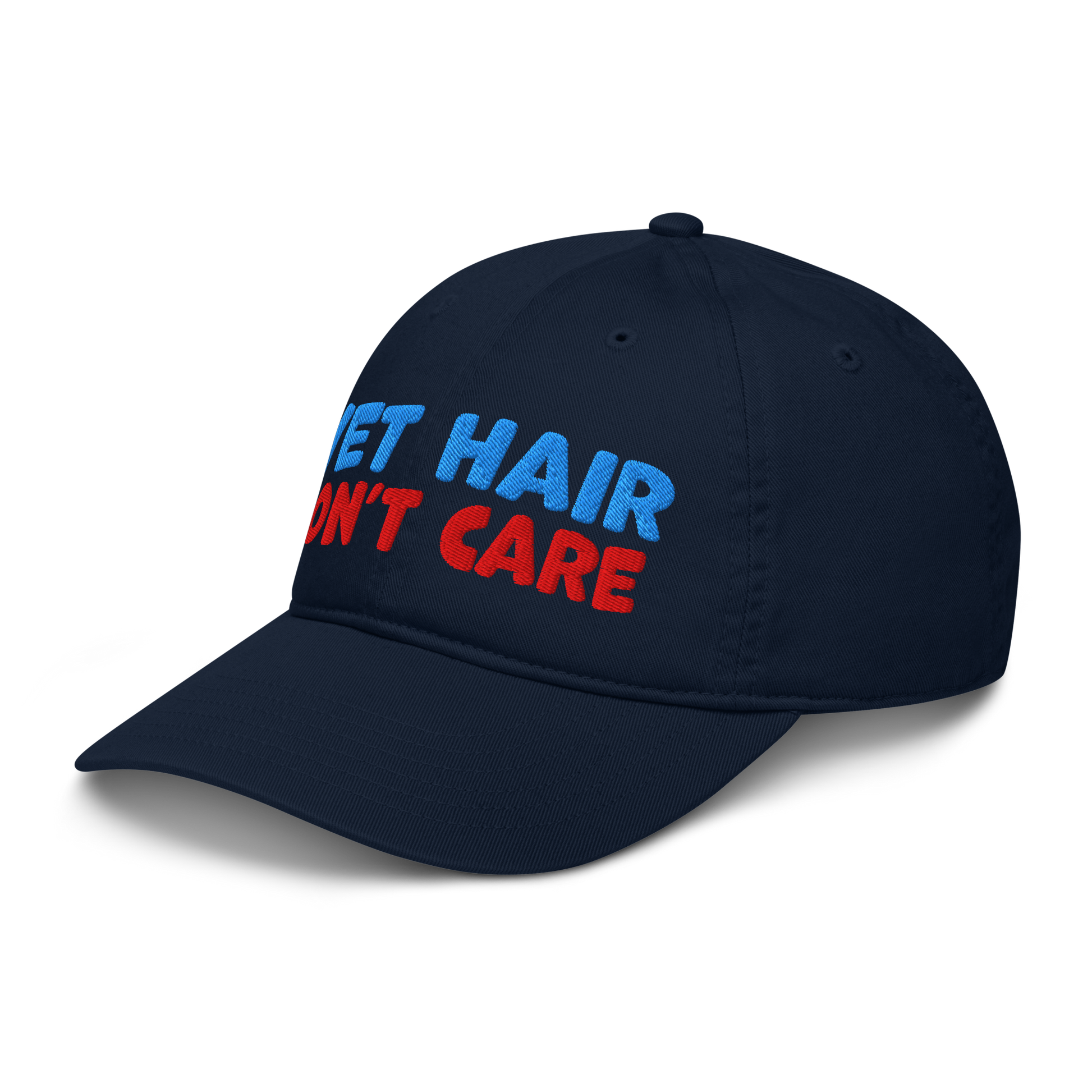 Navy blue cap with 'wet hair, don't care' text in red and blue on a white background